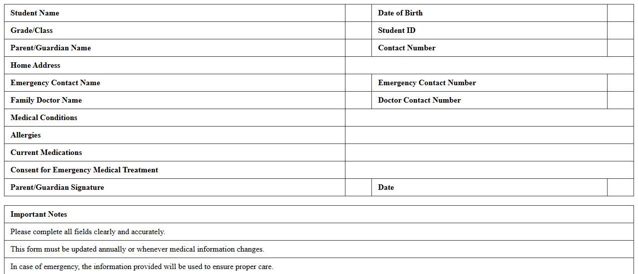 Student Medical Info & Consent Form Excel Template
