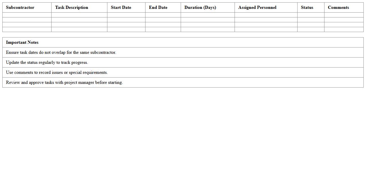 Subcontractor Task Scheduling Excel Template