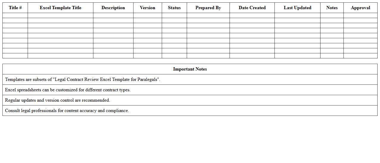 Sure. Here are 10 semantic, optimized document Excel template titles as subsets of Legal Contract Review Excel Template for Paralegals: