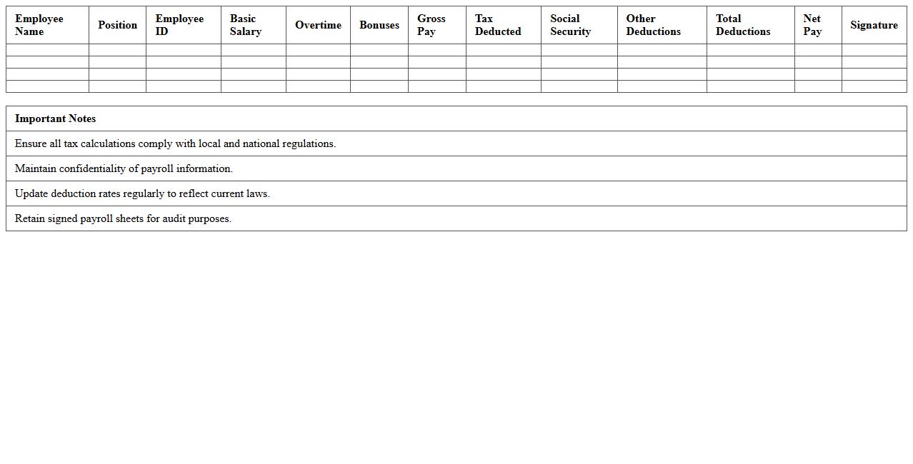 Tax and Deductions Payroll Sheet for Small Hotels