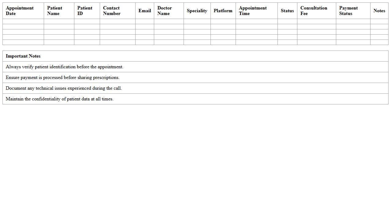Telemedicine Appointment Excel Tracker