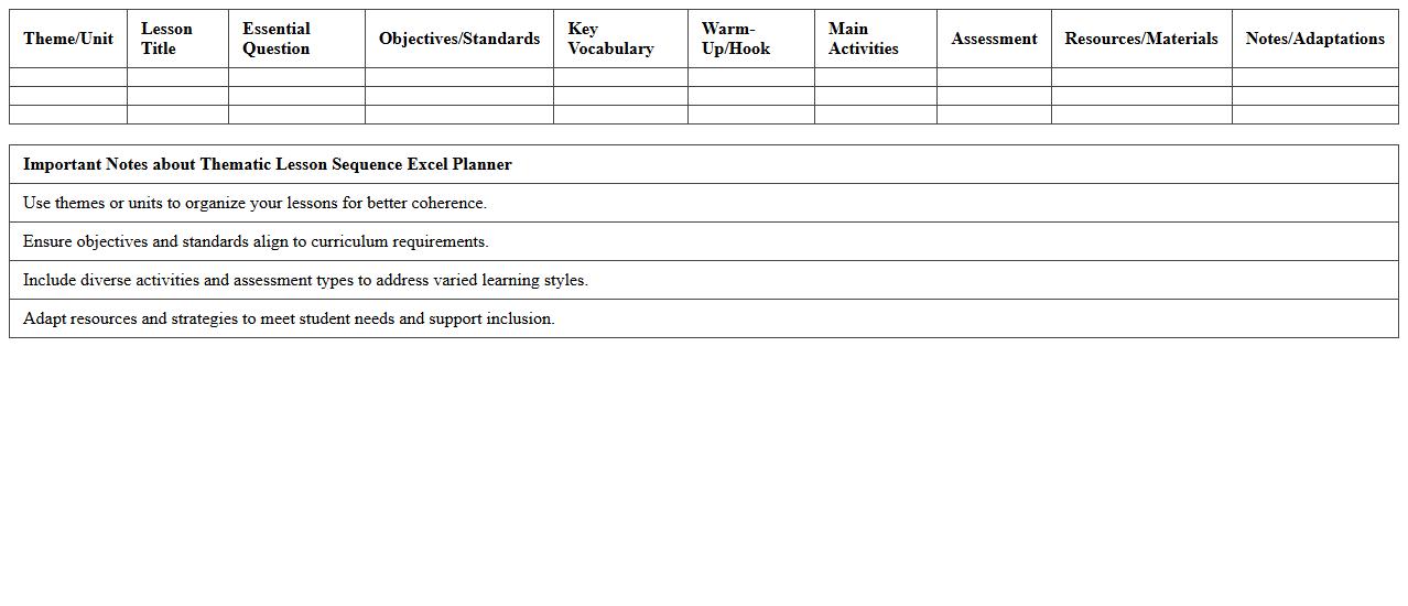 Thematic Lesson Sequence Excel Planner