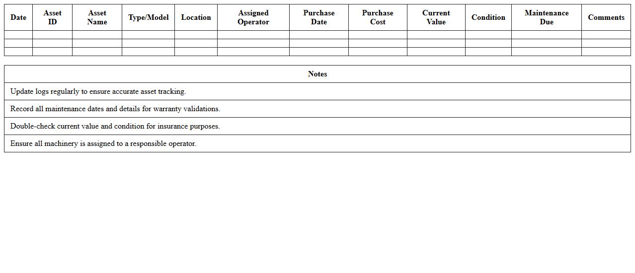 Tractors and Machinery Asset Log Excel Template