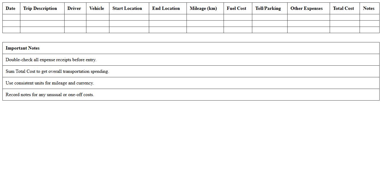 Transportation Cost Tracking Spreadsheet Excel