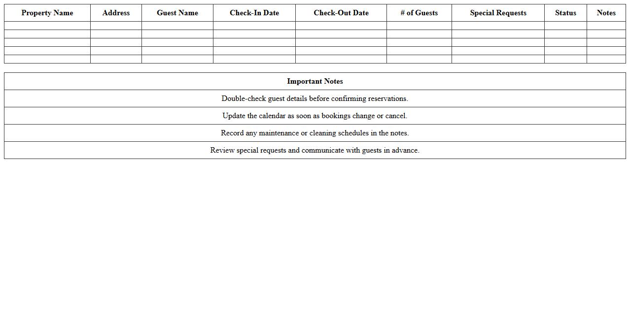 Vacation Property Guest Calendar Excel