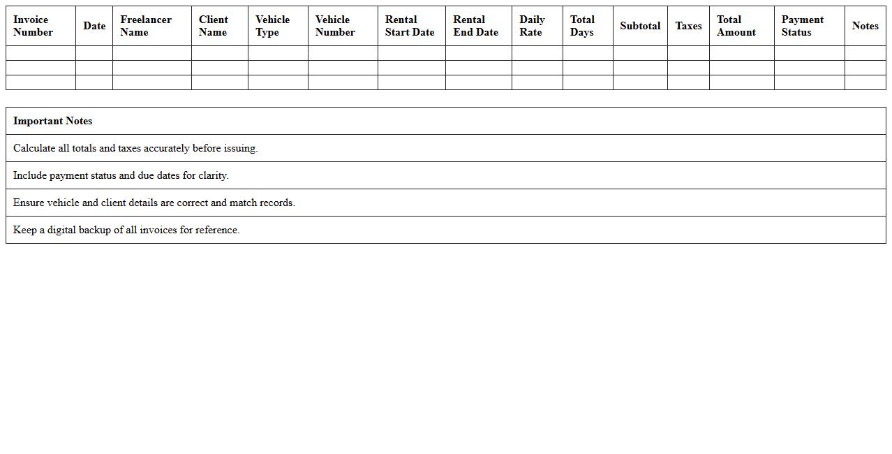 Vehicle Rental Invoice Excel Template for Transportation Freelancers