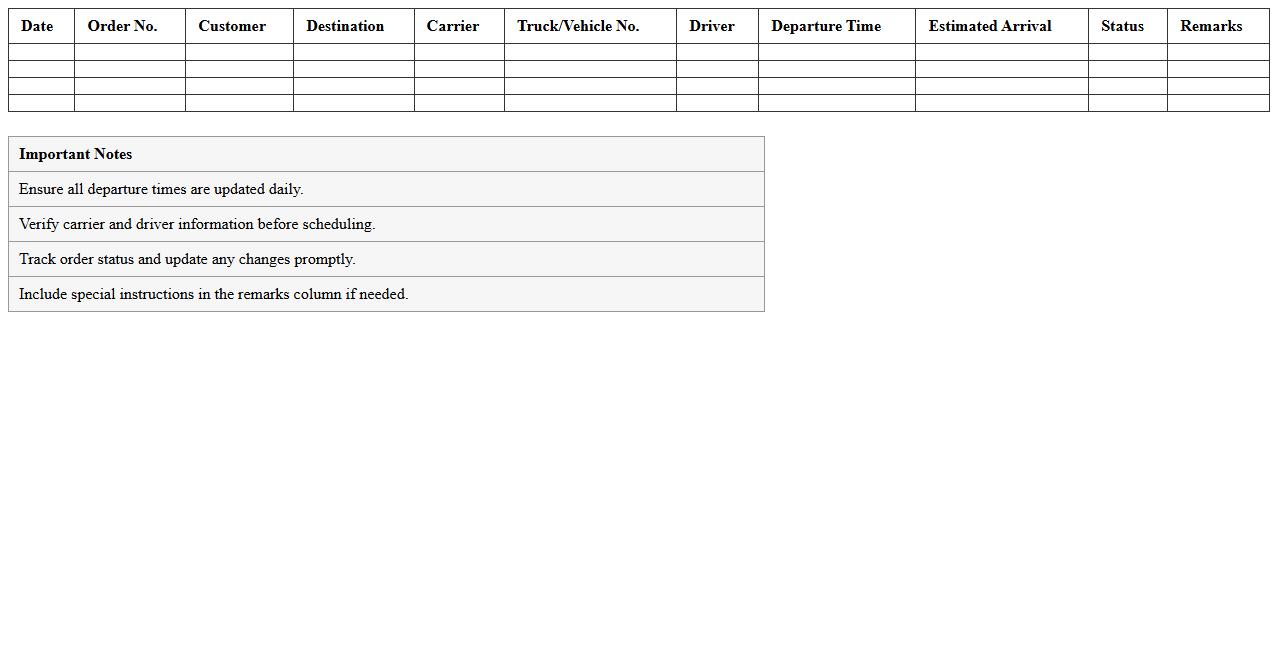 Warehouse Outbound Transportation Calendar