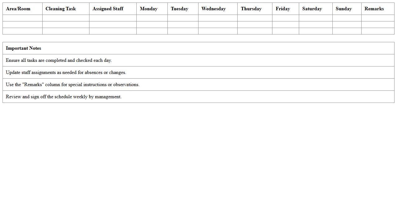 Weekly Hospitality Cleaning Task Scheduler Spreadsheet
