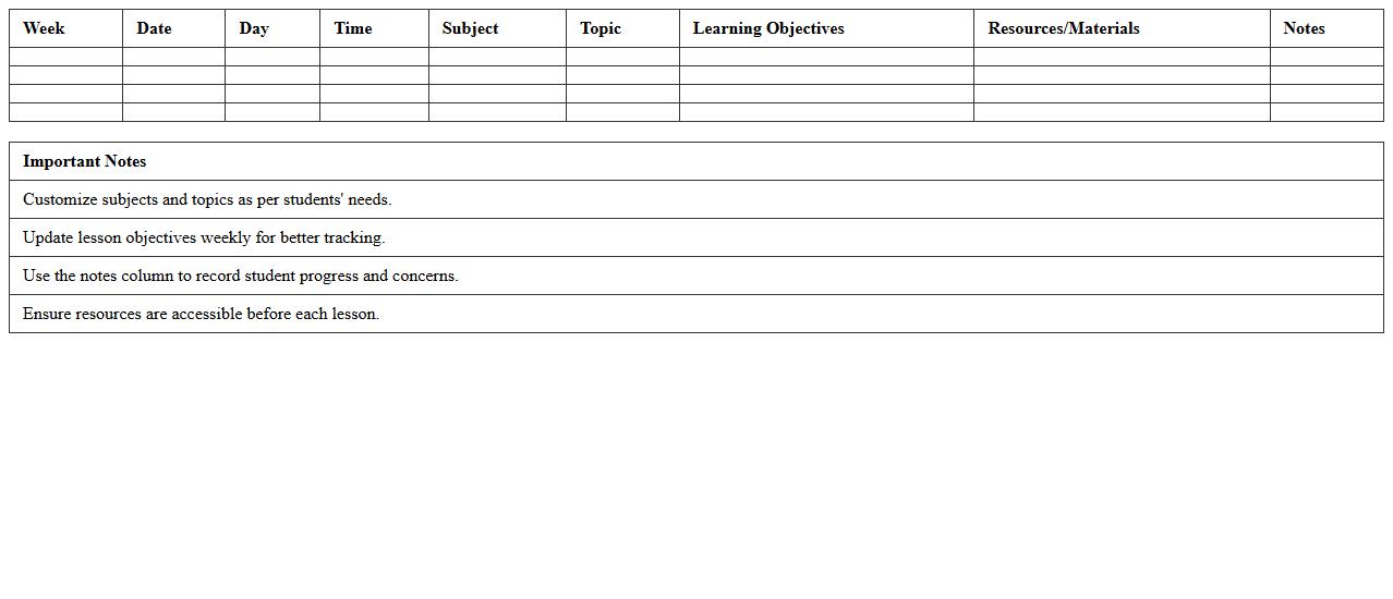 Weekly Lesson Plan Excel Template for Online Tutors