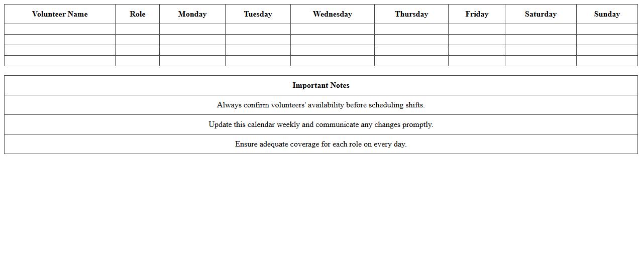 Weekly Volunteer Shift Calendar for Nonprofits