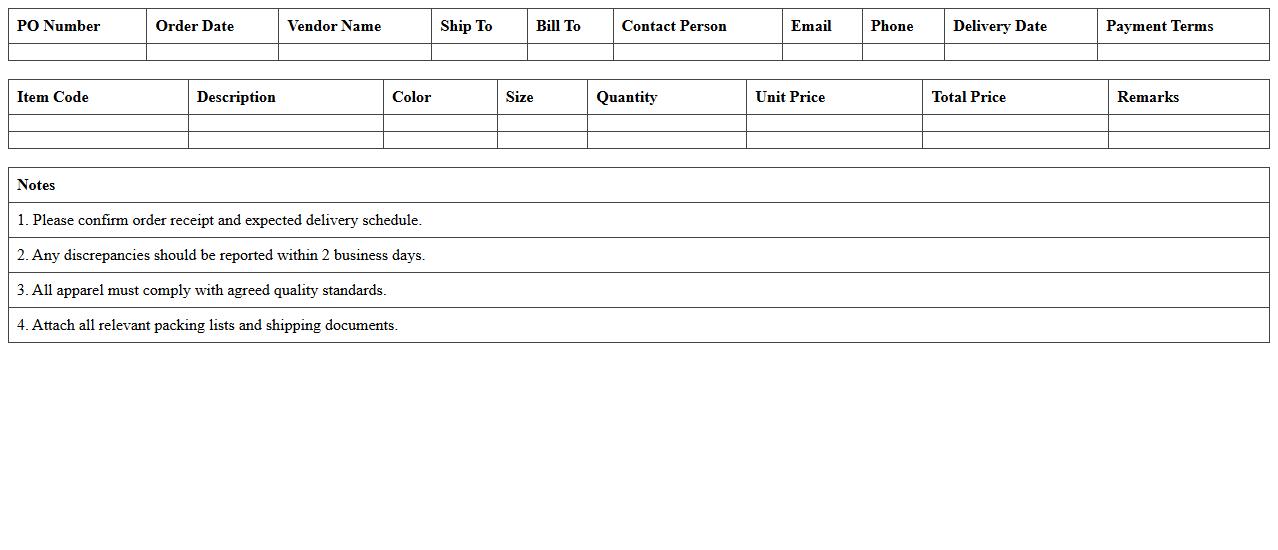 Apparel Retail Purchase Order Excel Template for Vendors