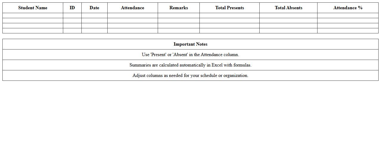Attendance List with Automatic Summaries Excel