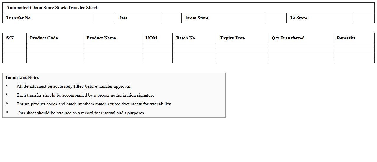 Automated Chain Store Stock Transfer Sheet