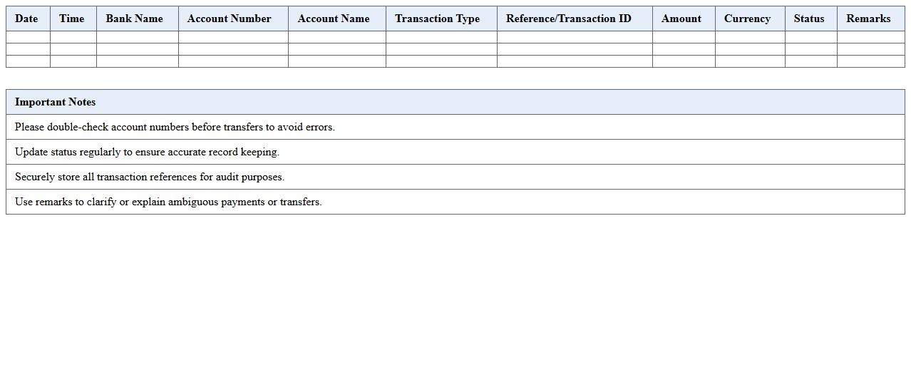 Bank Transfer and Payment History Log
