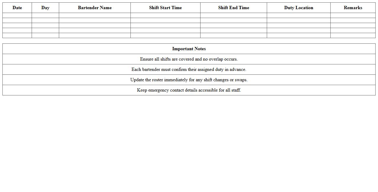 Bartender Duty Roster Excel Sheet