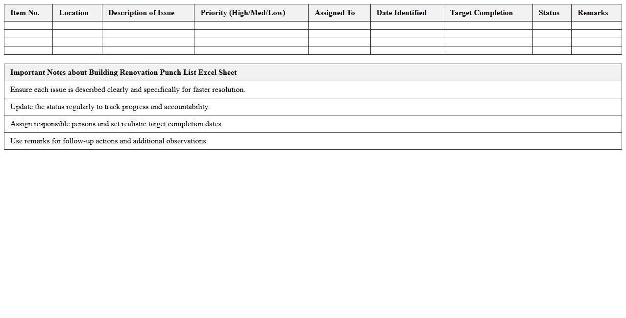 Building Renovation Punch List Excel Sheet