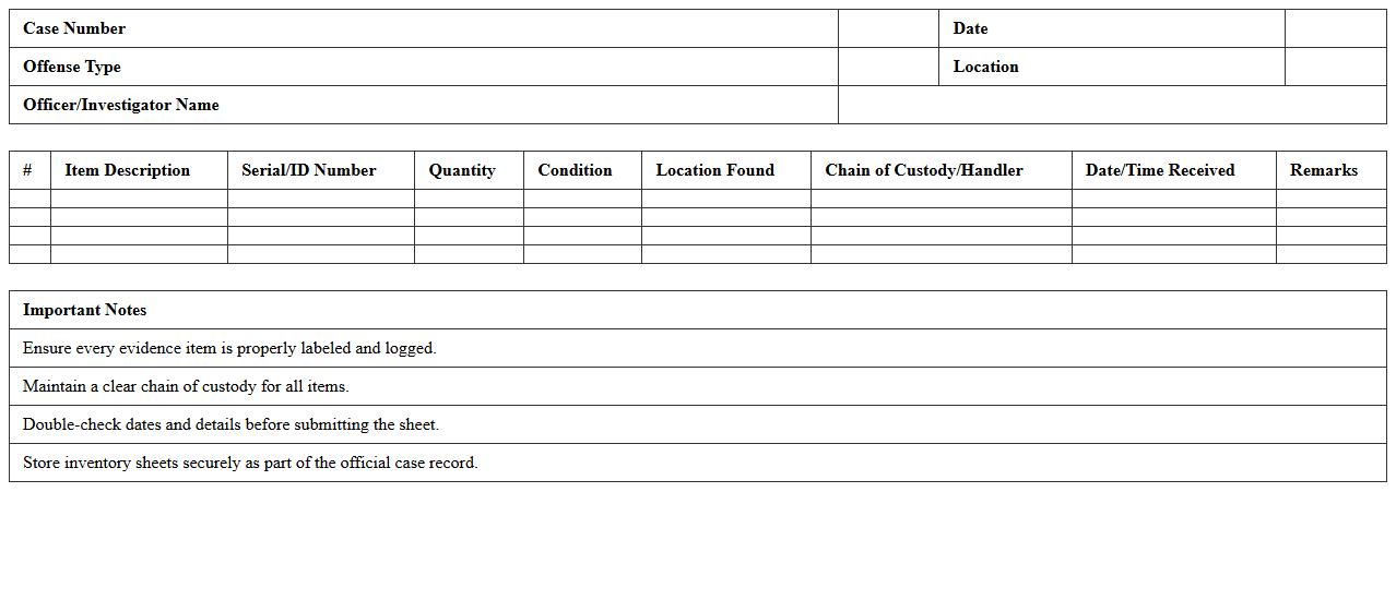 Case Evidence Item Inventory Sheet