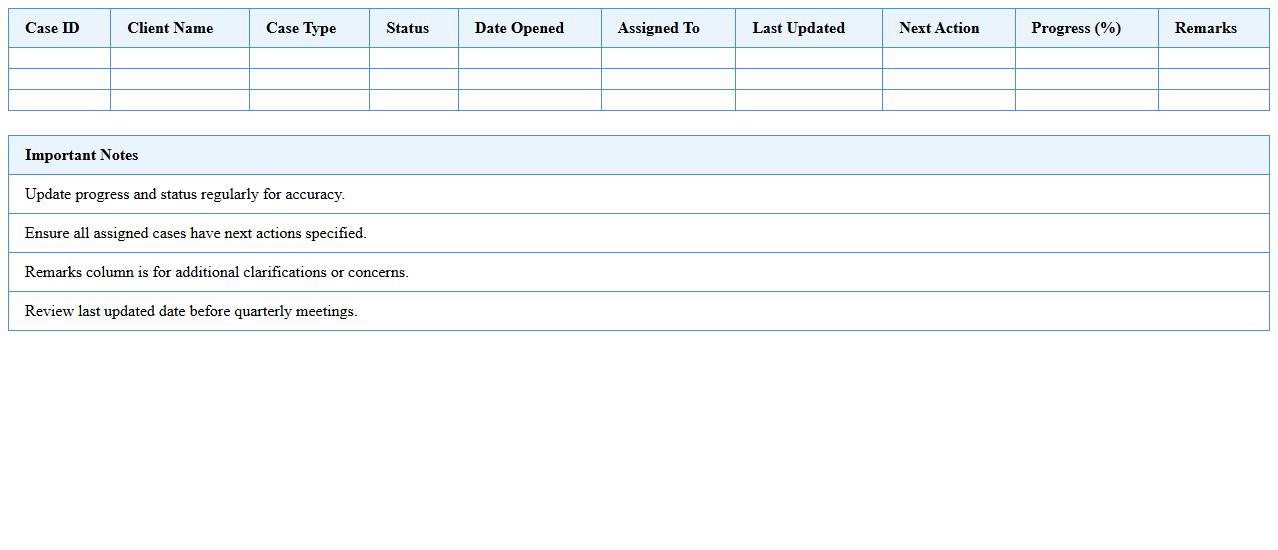 Case Status and Progress Dashboard Excel