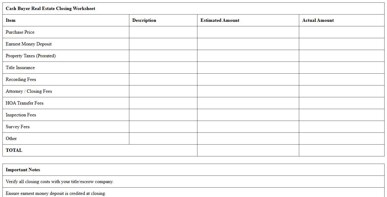 Cash Buyer Real Estate Closing Excel Worksheet