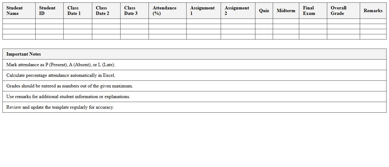 Class Attendance and Gradebook Excel Template