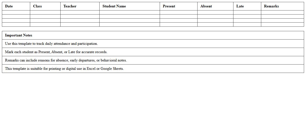 Class Attendance Report Excel Template for Educators