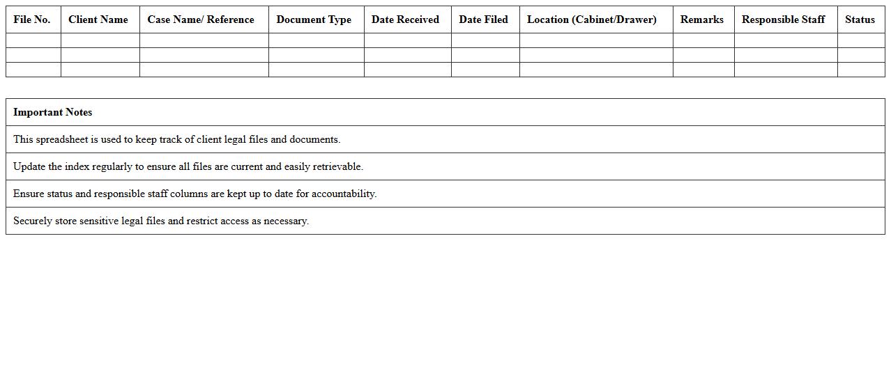 Client Legal File Index Excel Spreadsheet