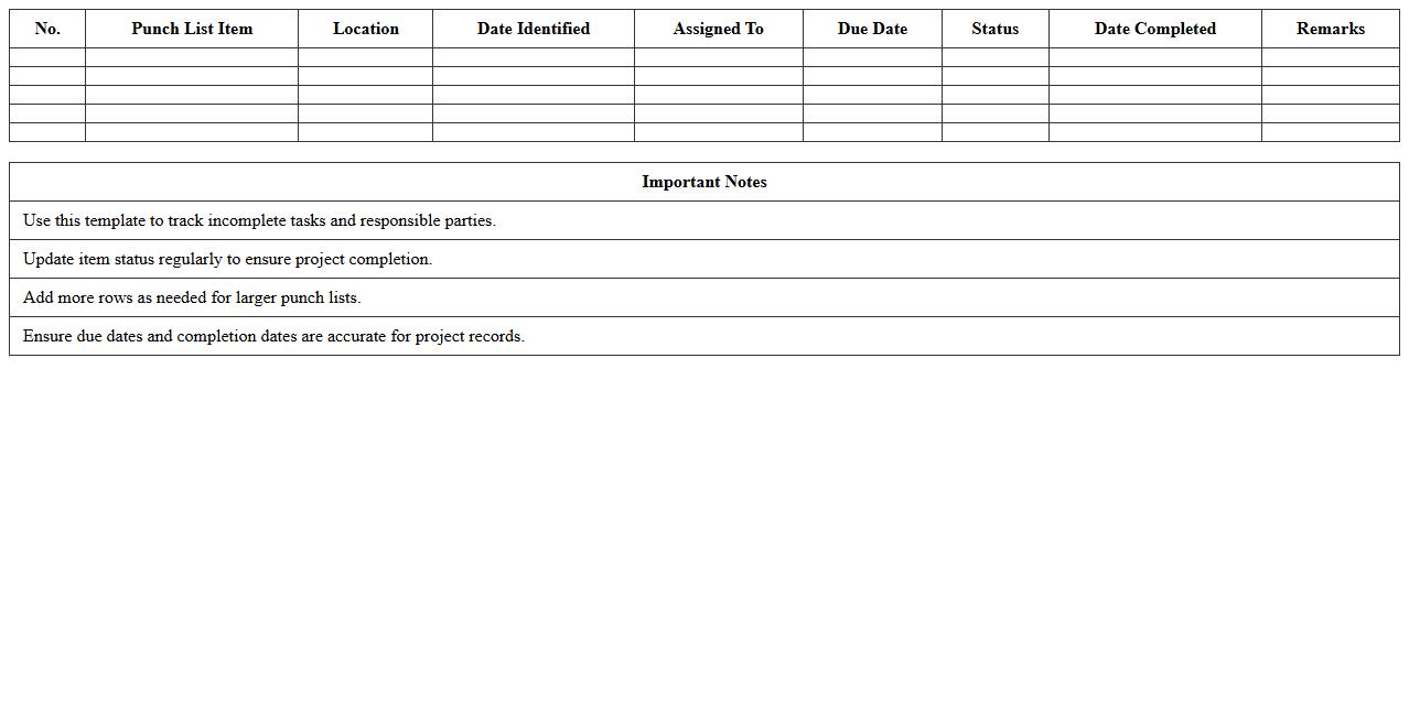 Construction Punch List Progress Tracker Excel Template for Foremen