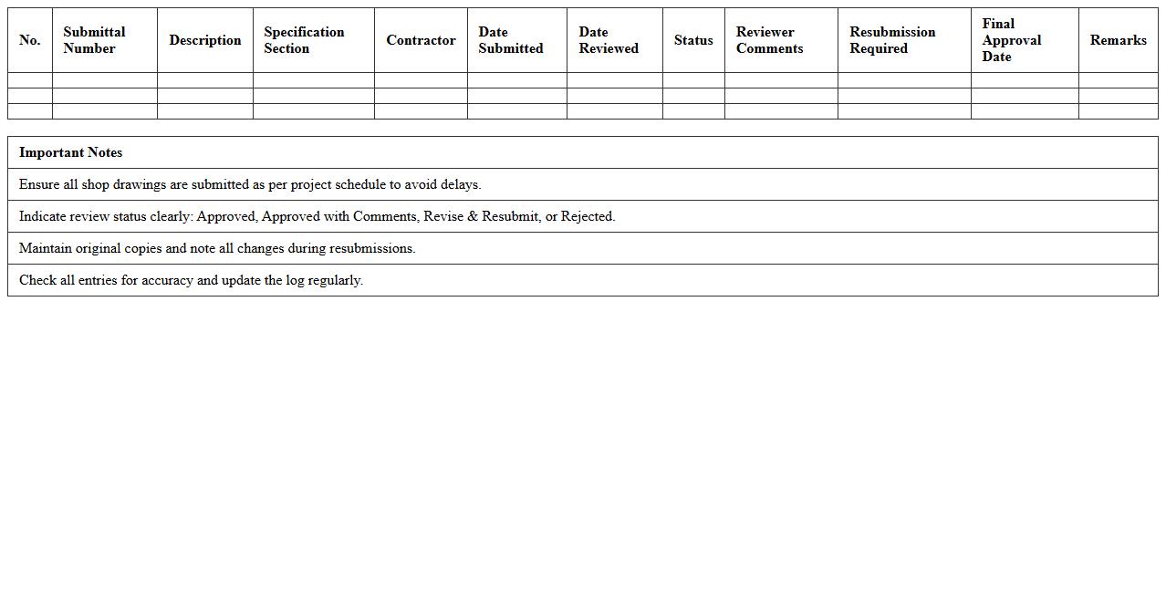 Construction Shop Drawing Submittal Log Excel Sheet