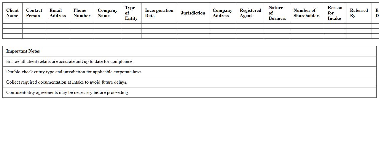 Corporate Law Client Intake Excel Template