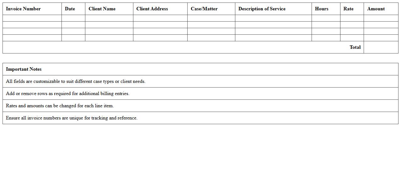 Customizable Legal Invoice Excel Sheet for Solo Law Practice