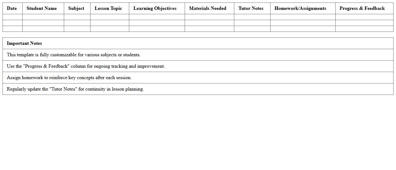 Customizable Online Tutoring Lesson Planner Excel