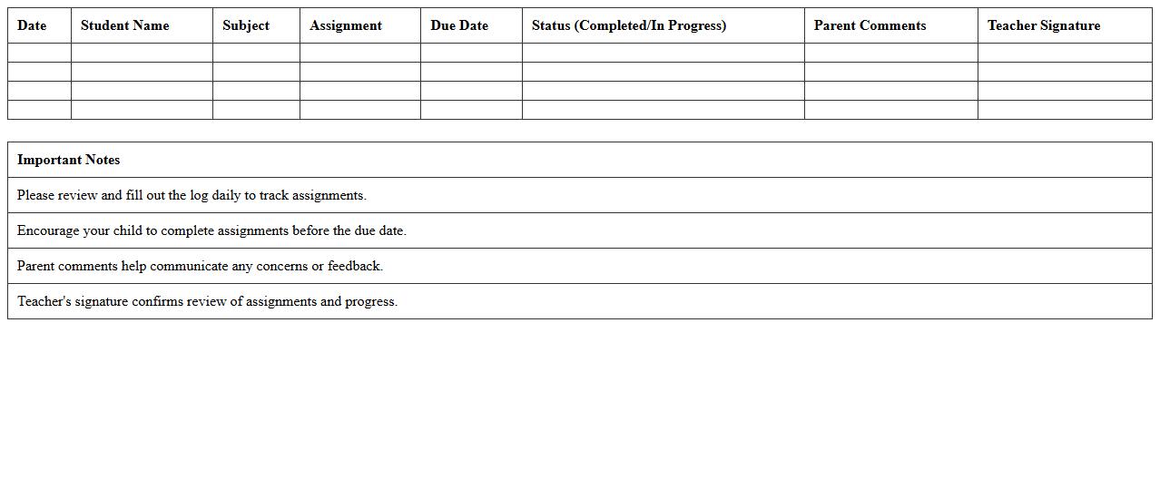 Daily Assignment Log Excel Sheet for Parents