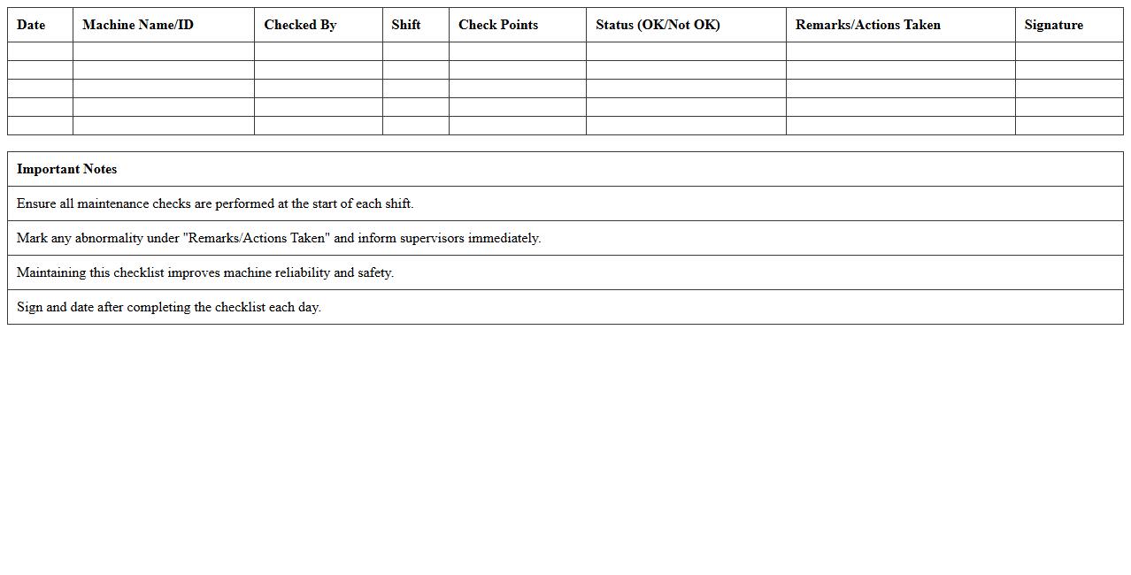 Daily Machine Maintenance Checklist Excel Template
