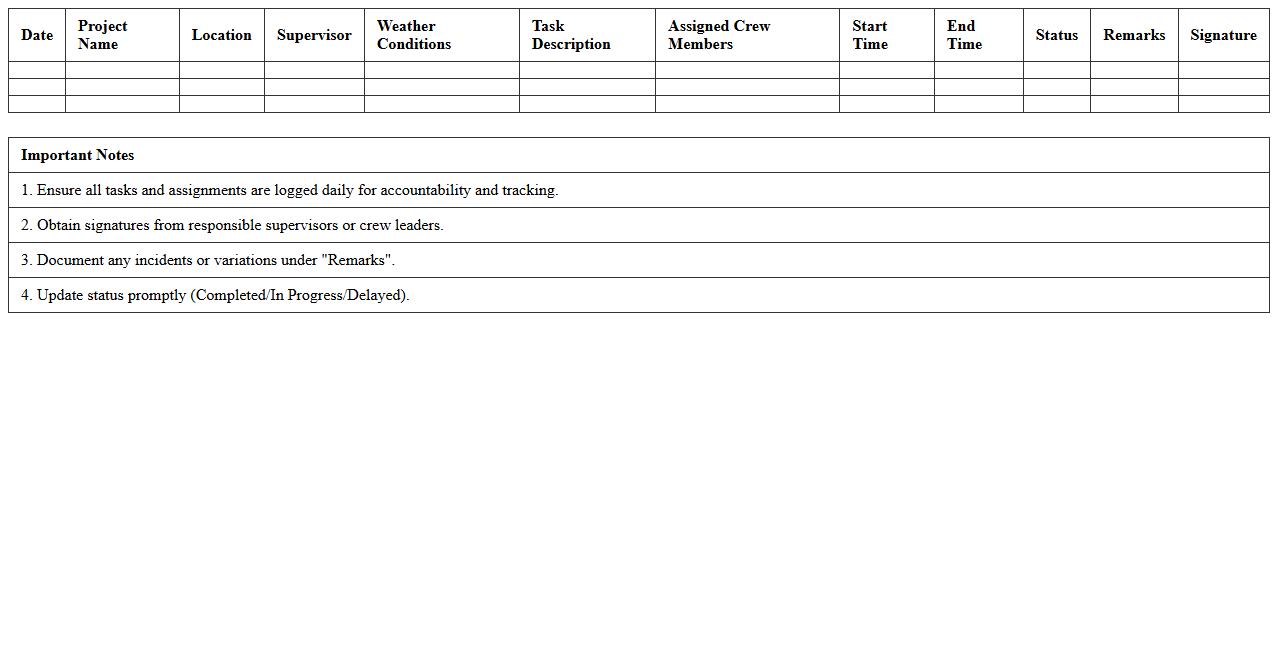 Daily Task Assignment Log for Construction Sites