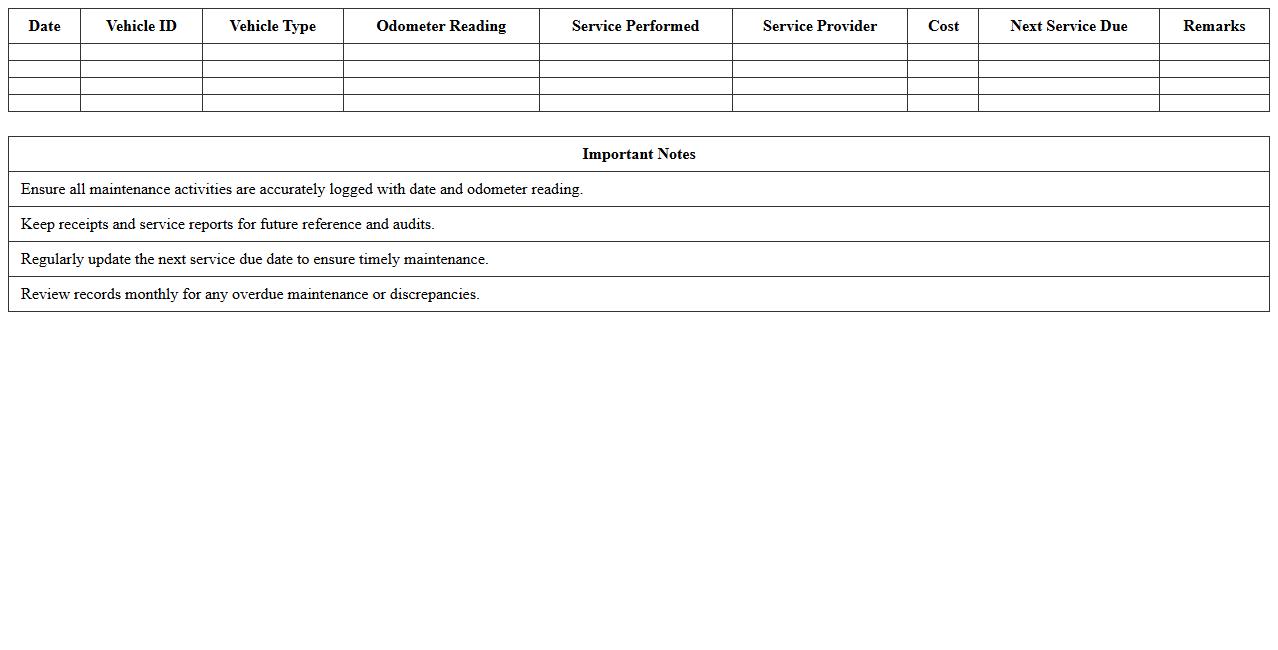 District Vehicle Maintenance Record Excel Template