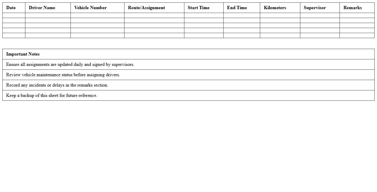 Driver Assignment Sheet Excel Template