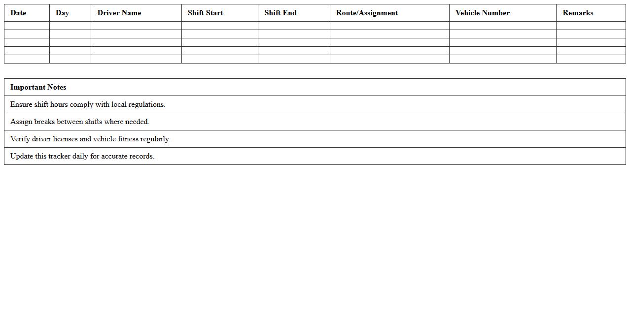 Driver Shift Allocation Excel Tracker