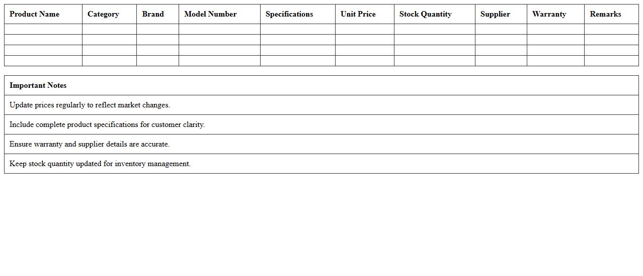 Electronics Store Price Catalog Excel Format