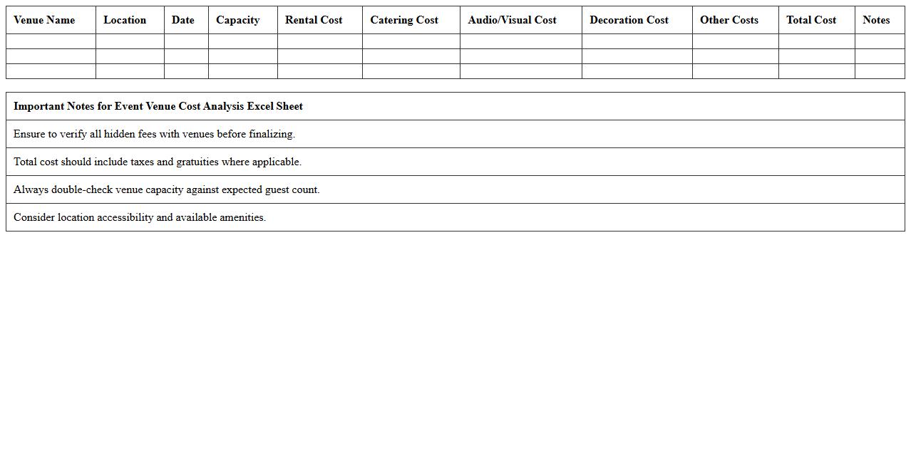 Event Venue Cost Analysis Excel Sheet