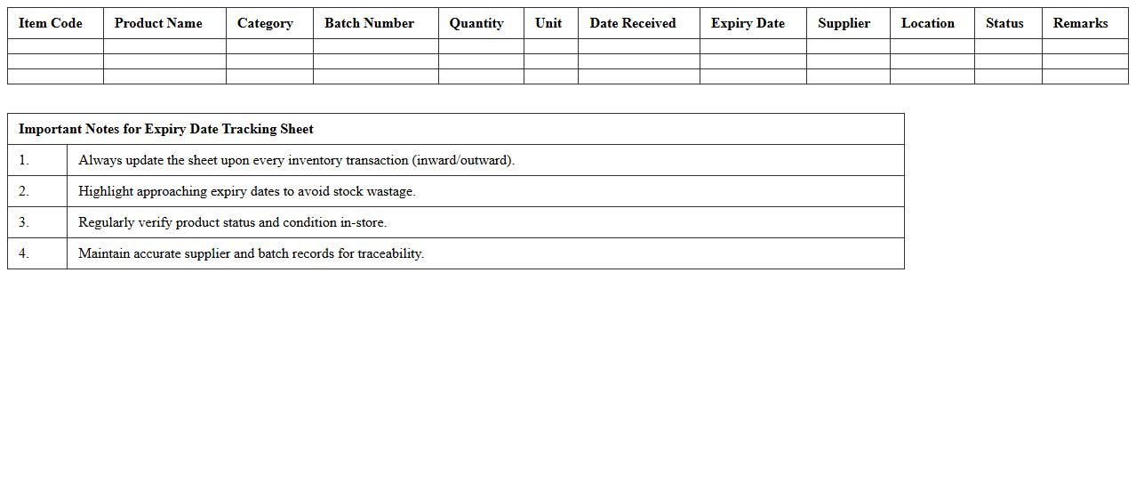 Expiry Date Tracking Sheet for Retail Inventory