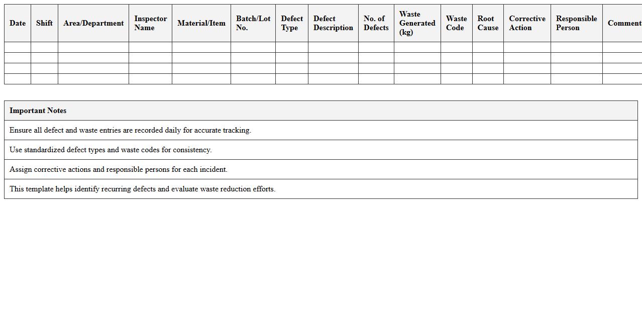 Factory Defects and Waste Audit Excel Template
