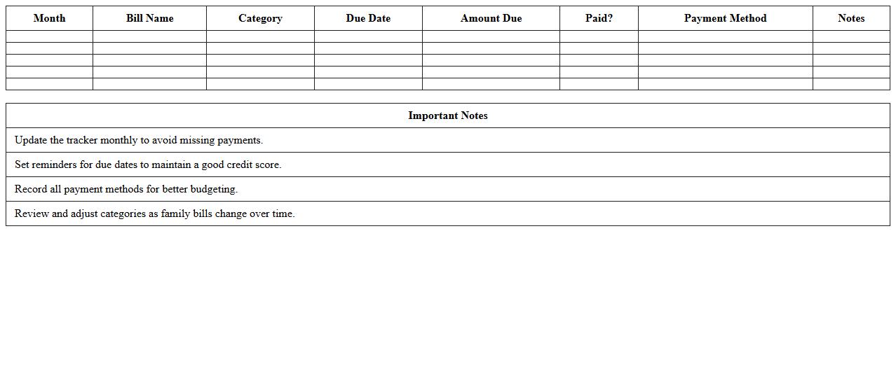 Family Bill Payment Calendar Excel Tracker