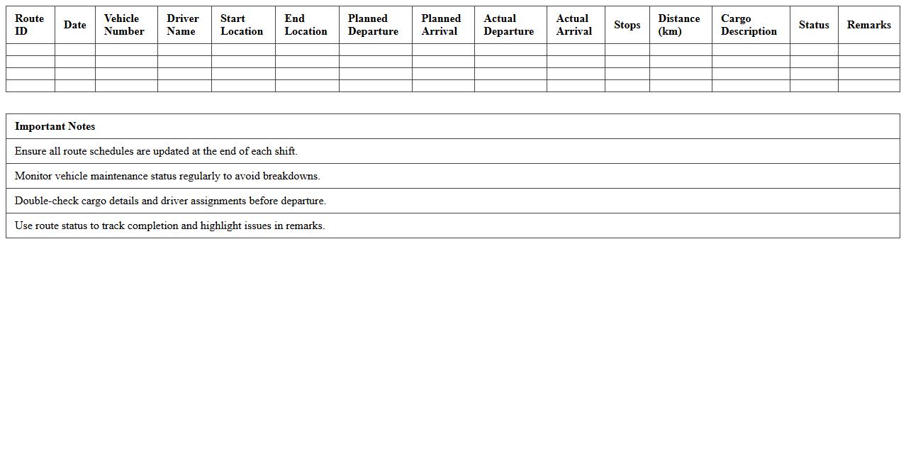 Fleet Management Route Scheduling Excel Sheet