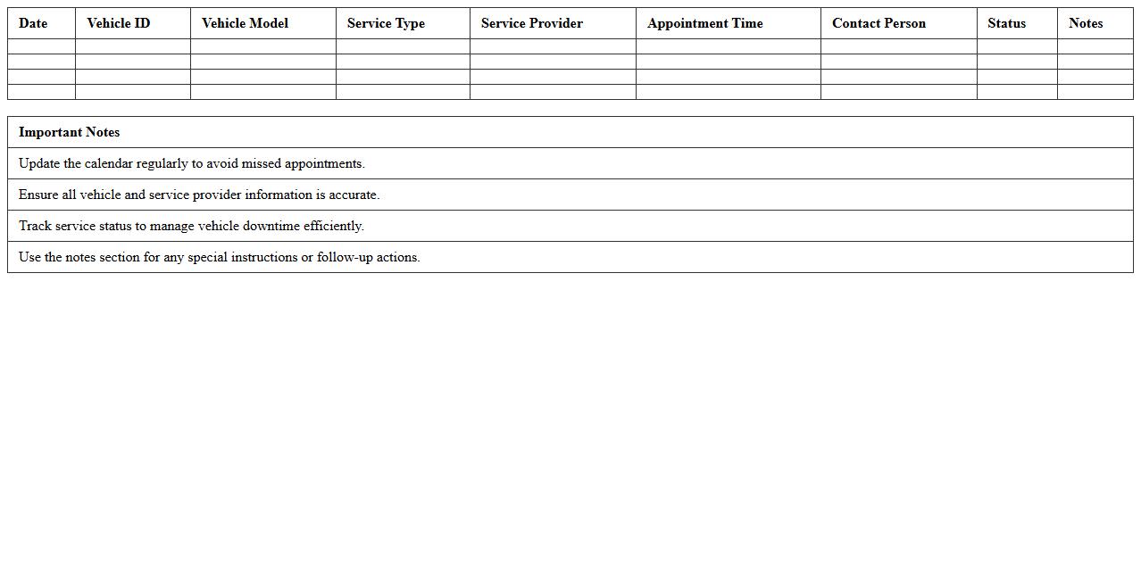 Fleet Service Appointment Calendar Excel Template