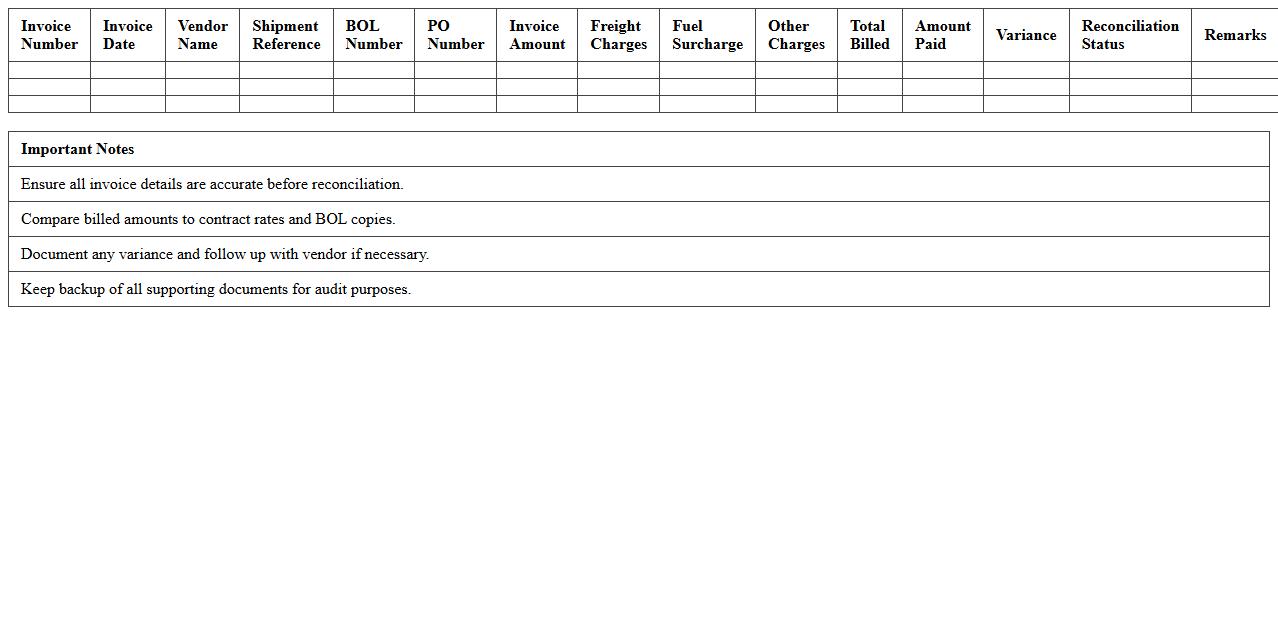Freight Invoice Reconciliation Excel Template