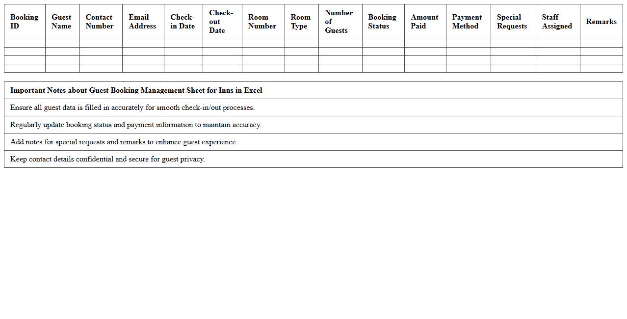 Guest Booking Management Sheet for Inns in Excel