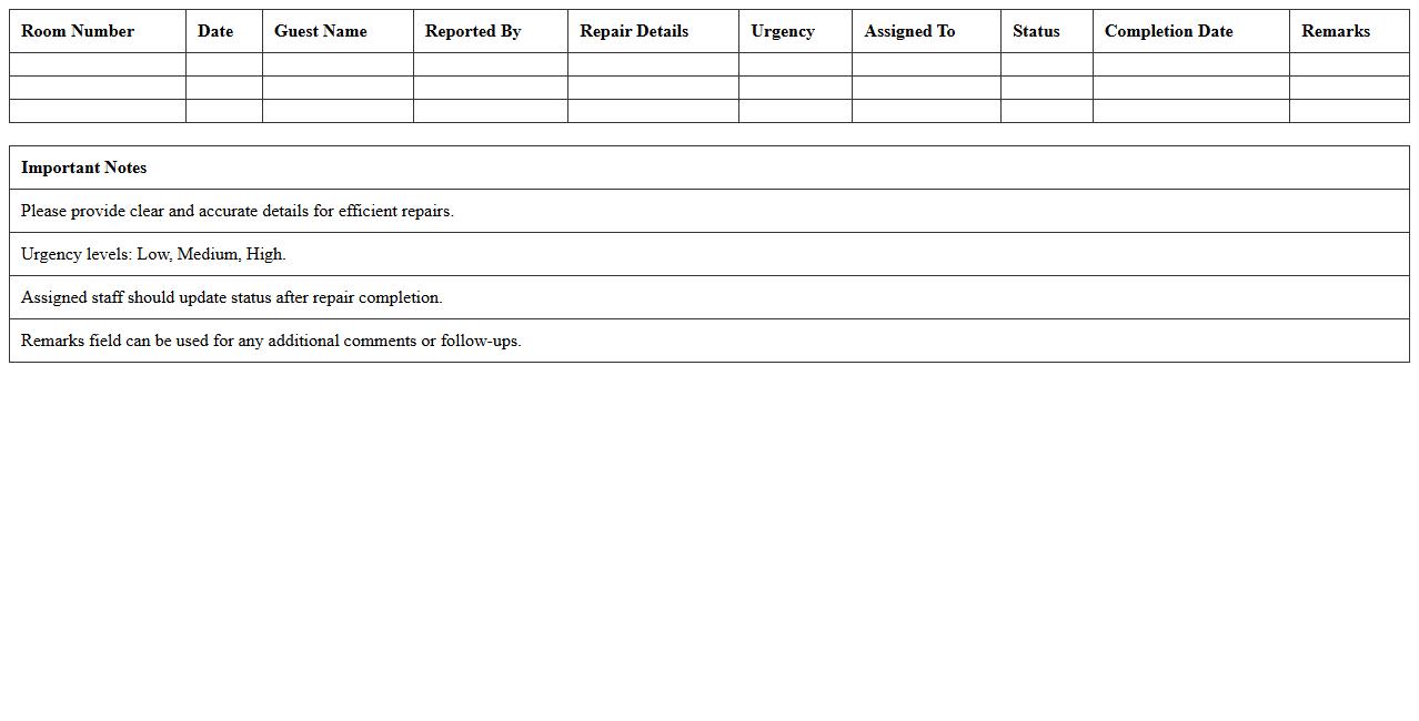 Guest Room Repair Request Form Excel Template