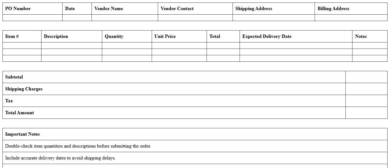 Home Goods Purchase Order Excel Template for Vendors