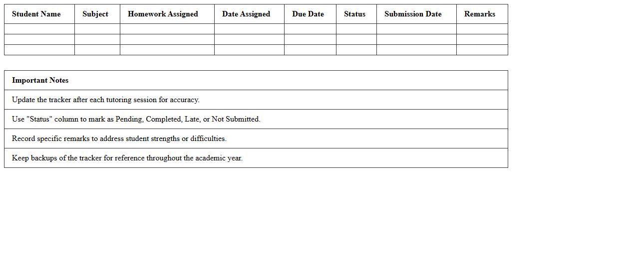 Homework Tracker Excel Template for Online Tutors