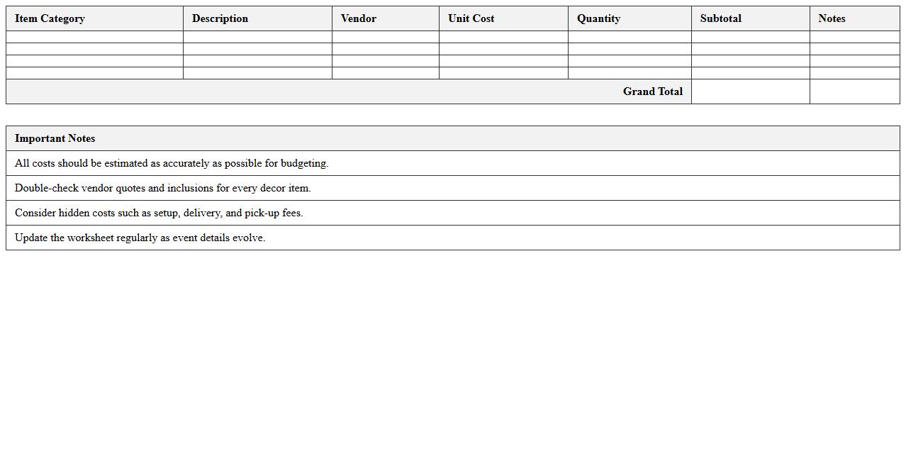 Hospitality Event Decor Cost Estimator Worksheet